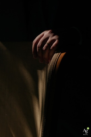 An artistic detail shot in São Paulo, Brazil, focuses on the fine textures and elegant elements of the wedding day, highlighting the sophisticated aesthetic of the couple's celebration.