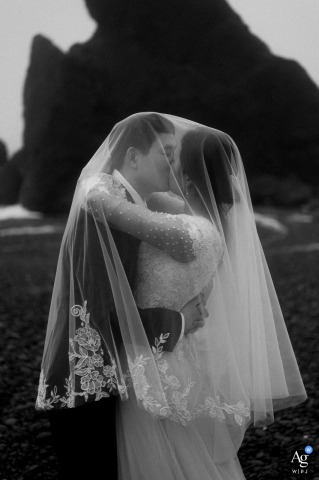 Bride and groom kiss under bride’s veil on Olympic National Park beach, Washington.