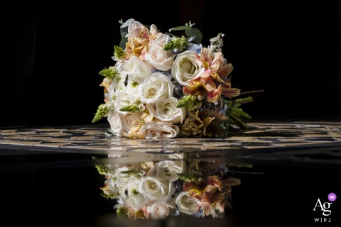 Bride's Bouquet in Dramatic Hard Light, Reflected on Elegant Floor Tiles at Zephyr Palace, Costa Rica Bride’s bouquet in dramatic hard light, reflected on elegant floor tiles at Zephyr Palace, Costa Rica.