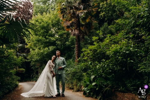 Bride and groom in the garden of Chateau les Hauts, their wedding venue.