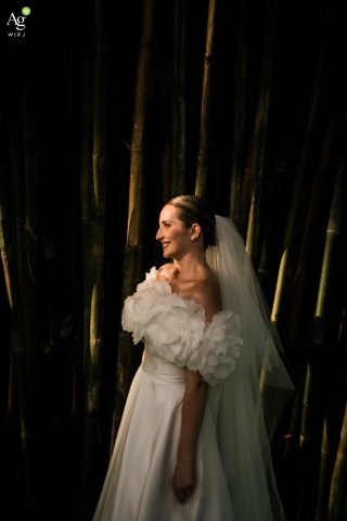 A striking and artistic portrait captures the bride in Bauru, São Paulo, focusing on her elegant expression and the delicate details of her wedding day attire and styling.