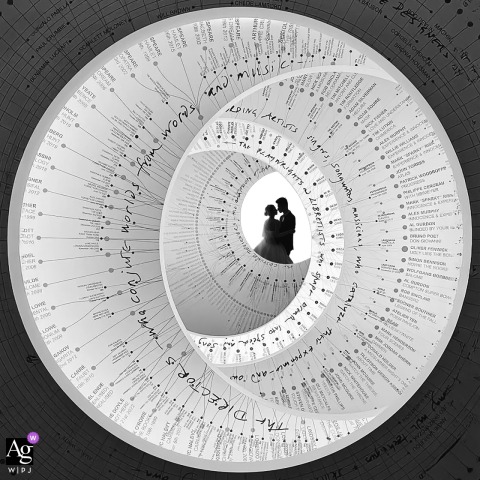 Fujian, China, hotel — The newlyweds are creatively photographed through curving white circles inscribed with words, adding artistic framing and unique visual interest to their wedding portrait.