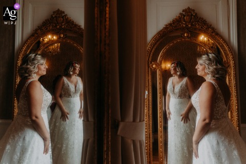 Château de Contremoret — The bride is shown in profile, her image reflected three times in mirrors around the room, creating an elegant and artistic wedding portrait that highlights her beauty.