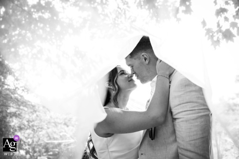 Château de Frétoy — The couple stands face to face, about to kiss under the bride’s veil, creating an intimate and romantic wedding portrait at the château.