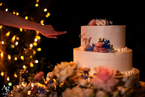 Focusing on a delicate detail, the bride's arm and hand reach out to point toward the wedding cake during the celebration at Villa Dolceacqua in Oggiono, Lake Como.