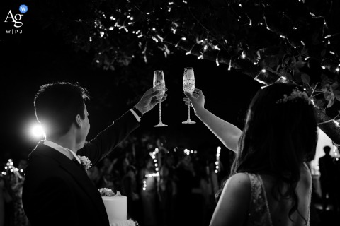 Elegant Black And White Detail Of Toasting Glasses, Oggiono, Lake Como, Italy In black and white, a detail of the toasting glasses is artfully captured during the cake cutting celebration at Villa Dolceacqua in Oggiono, Lake Como, Italy.