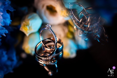 A beautifully composed close-up of the engagement and wedding rings, delicately placed to capture the soft light and artistic details at Villa Dolceacqua, a stunning venue in Oggiono, Lake Como, Italy.