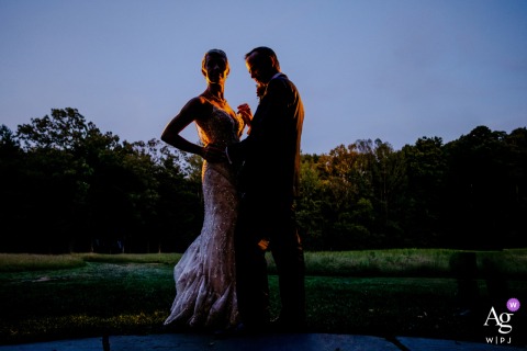   At Avonlea Farm in Virginia, a silhouette portrait captures the bride and groom, their outlines framed by the scenic charm of this countryside wedding venue.