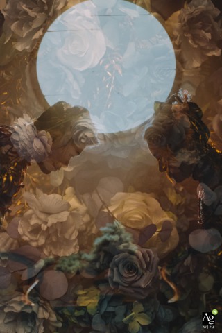 Abstract Profiles Blend in Quiet Intimacy Amid Floral Textures at Chuan Men Tz Trendy Cuisine Taoyuan Amidst layered floral textures and circular light at Chuan Men Tz Trendy Cuisine in Taoyuan, Taiwan, the couple’s profiles blend into an abstract portrait, evoking a sense of quiet intimacy.