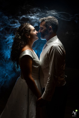 Distinctive Personalities Shine Under Creative Portrait Lighting in Montriond Haute Savoie as Evening Falls As evening falls during a wedding in Montriond, Haute-Savoie, a creative portrait highlights the distinctive personalities of the couple under imaginative lighting.