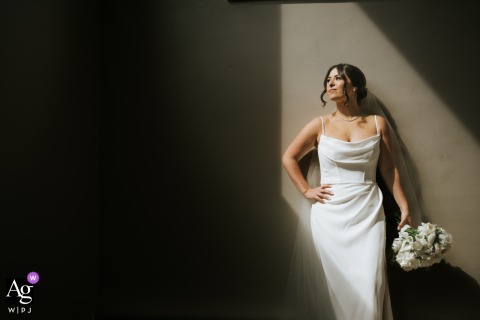 At Gordon Green In Cleveland, Sunlight Briefly Illuminates The Bride Indoors, Creating A Portrait With Natural, Beautiful Highlights At Gordon Green in Cleveland, Ohio, sunlight pours through a window for a brief moment on a cloudy day, creating beautiful natural highlights for a wedding portrait of the bride.