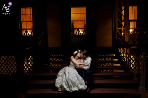 At President Lincoln’s Cottage In Washington, DC, The Couple’s Portrait Incorporates Historic Grounds Reflecting The Site’s National Significance During a portrait session at President Lincoln’s Cottage in Washington, DC, the bride and groom are photographed among the historic grounds, the surroundings reflecting the significance of the location.