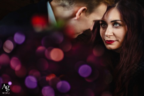Intense Portrait Captures The Bride’s Joyful Expression With Bokeh And Castle Ambiance At Burg Weisenau In Mainz, Germany At Burg Weisenau in Mainz, Germany, a portrait captures an intense, captivating look, with bokeh at the castle setting adding depth and character to the image.