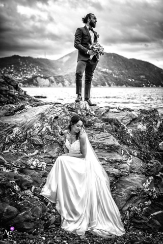 Intimate BW Portrait Of The Couple In Portofino With Ligurian Coastline Highlighting Their Connection Portofino sets the scene for an intimate portrait titled "You and me," as the couple stands together with the picturesque Ligurian coastline enhancing their connection.