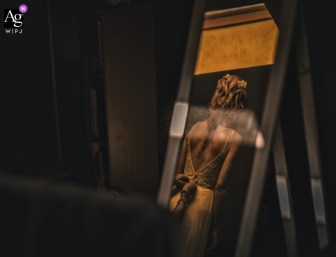 Mirror Image Of Bride At Agriturismo La Valle In La Spezia Creates A Unique And Striking Bridal Portrait At Agriturismo la Valle in La Spezia, the bride’s image is mirrored, creating a unique and visually striking bridal portrait that blends natural beauty with artistic flair.