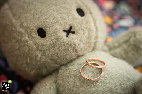 Wedding Rings Rest On Plush Toy Symbolizing Family At Chambéry Savoie France At a home in Chambéry, Savoie, France, delicate wedding rings rest on the plush toy of the couple’s newborn, symbolizing family and new beginnings.