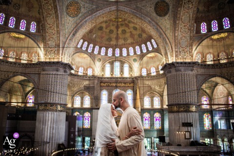 Couple Poses After Nikah Ceremony With Blue Mosque Architecture In Istanbul Turkiye After their nikah ceremony at the Blue Mosque in Istanbul, Turkiye, the couple poses for a formal portrait, the mosque’s striking architecture adding cultural resonance and grandeur.