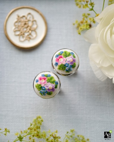 Custom Embroidered Cufflinks with Delicate Florals Highlight Wedding Palette at Private Home in Dublin, New Hampshire Custom-embroidered cufflinks show off the couple’s wedding palette in this macro study at a private home in Dublin, New Hampshire, with delicate floral sprigs and soft light adding natural elegance.