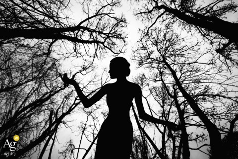 At an outdoor ceremony location in China, a dramatic black-and-white portrait captures the bride as a silhouette beneath towering leafless trees, the upward perspective and graphic branches creating a striking image of elegance, scale, and natural form.