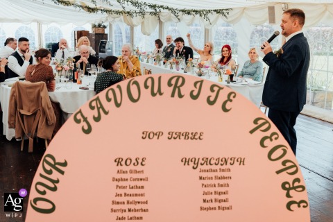 At The Walled Garden in Nottingham, England, an establishing photograph of the reception space frames the seating plan in the foreground while the top table anchors the background, introducing the setting before the celebration begins.