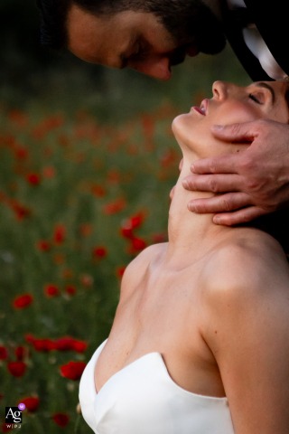 Surrounded By Poppies In Paladru, Isère, France, The Couple Share A Tender Embrace In Paladru, Isère, France, the bride and groom share an intimate embrace surrounded by a vibrant poppy field, creating a romantic portrait immersed in the beauty of the countryside.