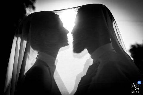 At Château de Vesvres in France, the bride and groom are photographed as elegant silhouettes beneath the bride’s veil, creating a romantic and artistic wedding portrait.