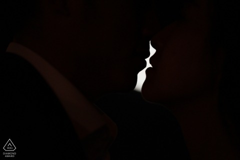 New York Wedding Engagement Photo of Kissing Couple in Black and White | Bronx Photography