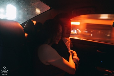 Bronx, New York  Wedding Engagement Photo in back of Taxi Cab | Wedding Engagement Photographers