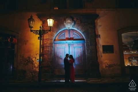 Prague by night engagement photography of a couple in love