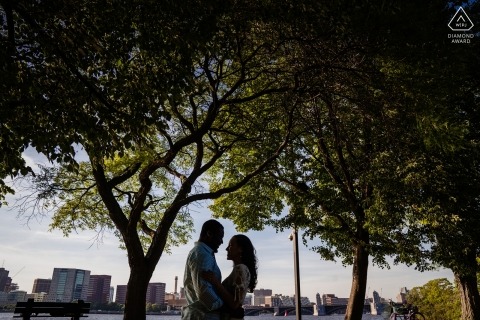 Boston, Massachusetts engagement session under a canopy of trees in the shade