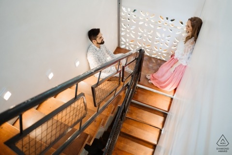 Brasilia - Brazil Engagement and Pre Wedding Portraits - Couple on stairs where they saw each other for the first time. 