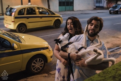 Parque Lage, Rio de Janeiro, Brazil Engagement session with a dog on the streets with taxis.