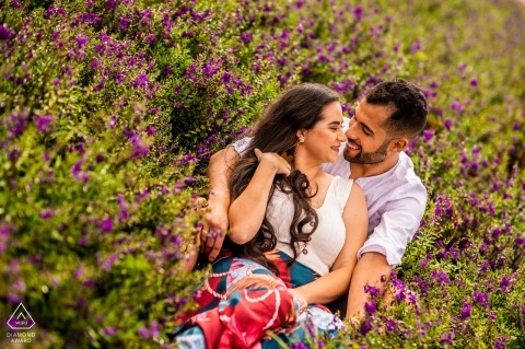 Holambra couple on the flower field during engagement shoot