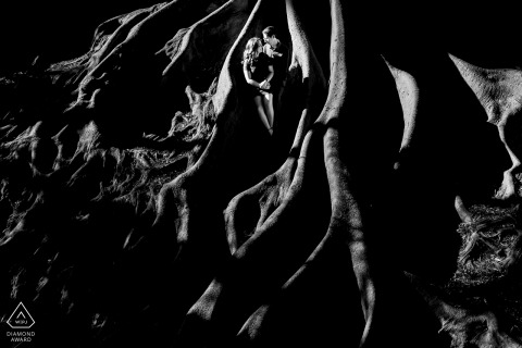 San Diego, CA Engagement Picture Session with a tree, and roots San Diego, CA Engagement Picture Session - Portrait contains: tree, roots, black, white, harsh, lighting, shadows, couple