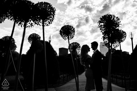 The silhouettes of an engaged couple during a shoot at Boston Public Gardens