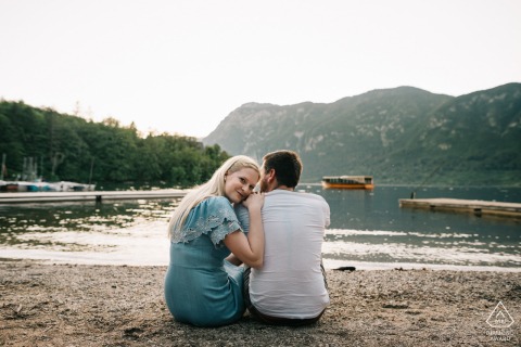 Romantic water couple engagement photos at Lake Bohinj, Slovenia