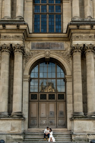 Paris portrait e-session sitting on the stairs leading to an old building