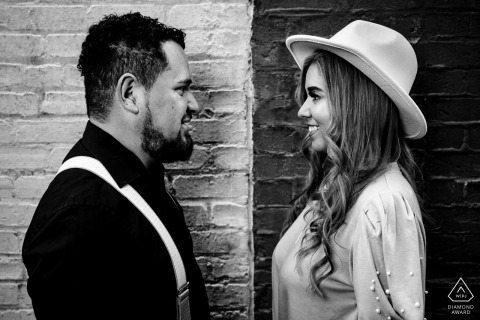 Market Square, Knoxville, TN on-location portrait e-shoot of a black and white portrait of the couple