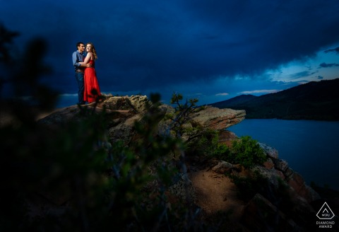 Fort Collins bride and groom to be, modeling for a pre-wedding picture at the Horsetooth Reservoir during their engagement session