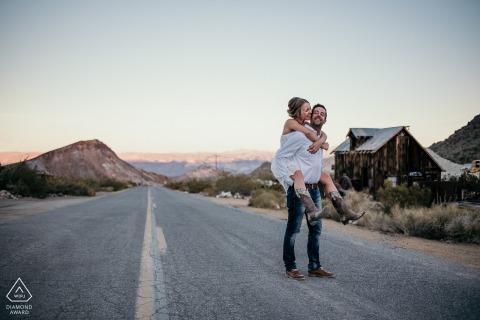 Las Vegas post proposal portrait session with a Nevada engagement photographer of a couple who have learned to Just enjoy the ride