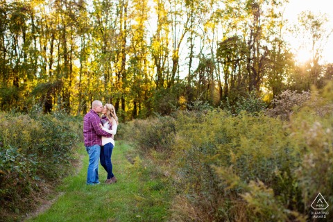 A fall fun Frenchtown engagement announcement picture in nature in Hunterdon County, NJ
