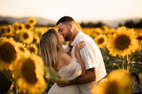 In a stunning sunflower field in Bourg-lès-Valence, France, this couple shares a tender kiss, capturing pure romance bathed in warm sunlight.