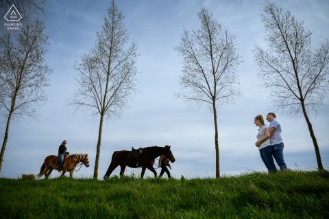 Engagement portrait taken at a picturesque location in East Flanders, featuring a couple embracing on the grass with horses walking by under a canopy of thin trees.