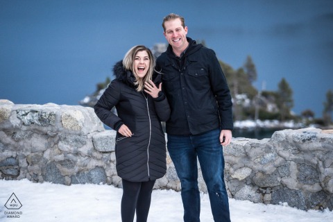 In South Lake Tahoe, the bride-to-be displays her engagement ring.