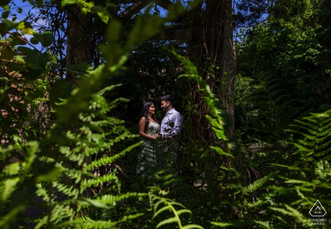 A couple in Hampstead Heath, London is framed by lush green bushes. 