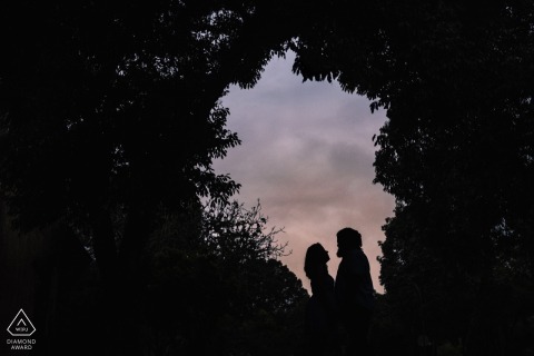 A captivating pre-wedding portrait session in Maceió captures a couple framed by delicate branches, silhouetted against a stunning sunset. Photographed by a professional from the Wedding Photojournalist Association.