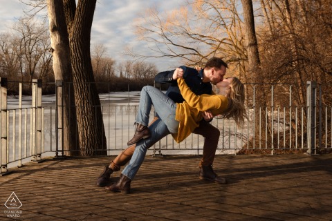 Romantic Dance Dip Kiss in Parc Nature l'Ile de la Visitation, Montreal Parc Nature l'Ile de la Visitation, Montreal, Canada. A couple kisses in a dip after dancing.