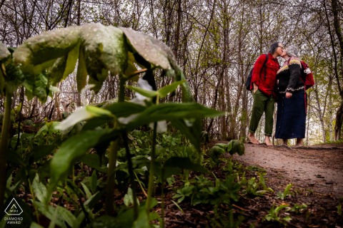 Lush Rattray Marsh Engagement Portraits: A Kiss On a Dirt Trail Surrounded by Greenery A couple kisses on a dirt trail surrounded by lush greenery at Rattray Marsh, immersed in peaceful natural scenery.