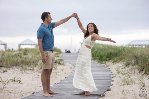 Bride-to-be in Chatham, Massachusetts enthusiastically celebrates her engagement, smiling excitedly in outdoor setting.