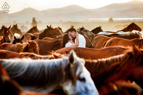 A couple poses in Cappadocia, standing together surrounded by a herd of horses in the open desert landscape at sunset.